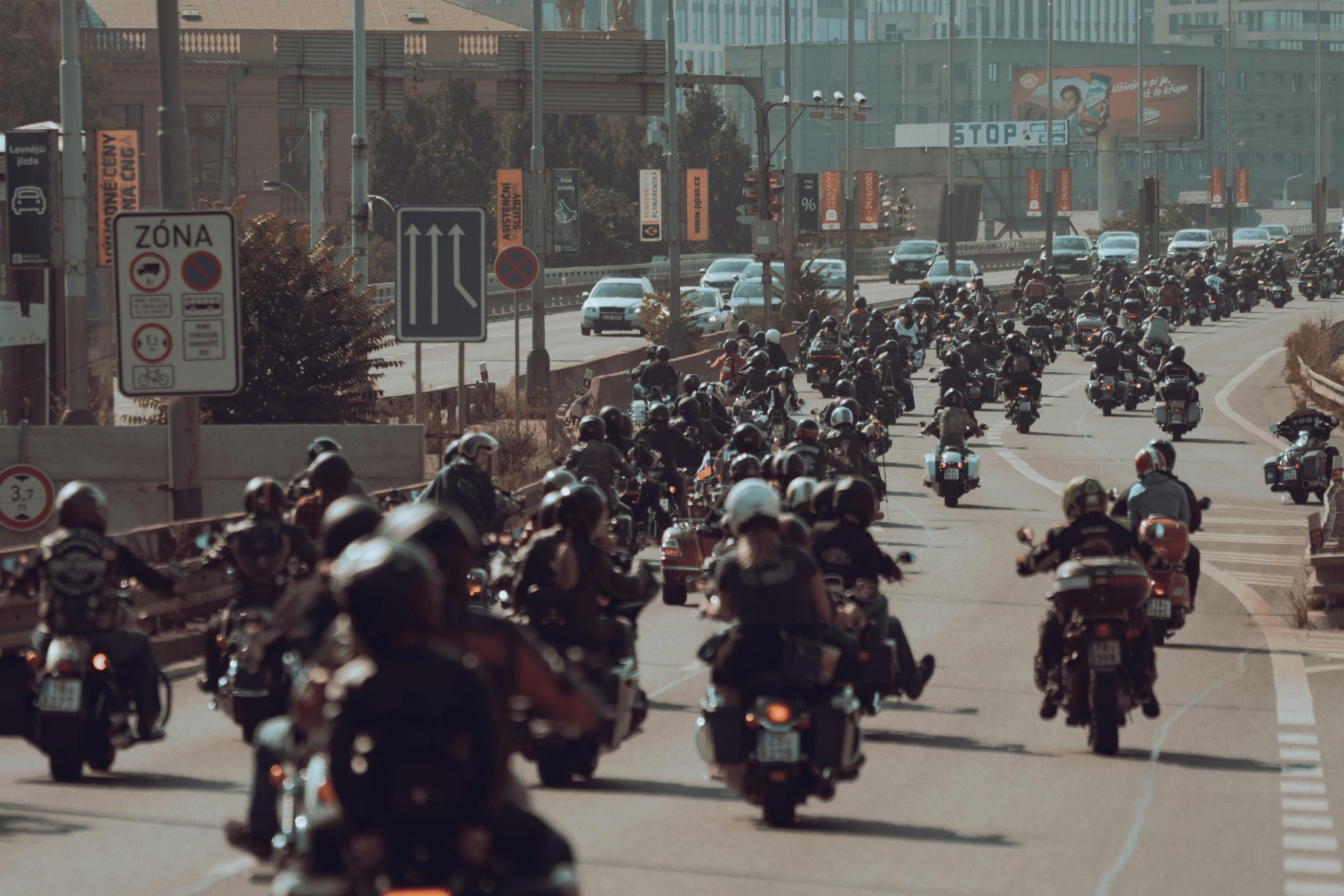 Mass group motorcycle ride on highway